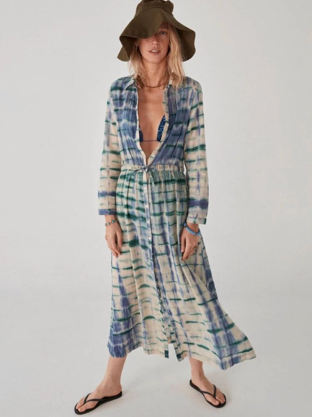 Maison Hotel Green & Blue Plaid/Tie Dye Button-Front Maxi Dress 100% Cotton